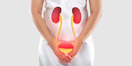 A female struggling with pain in lower abdomen due to advanced pelvic cancer.